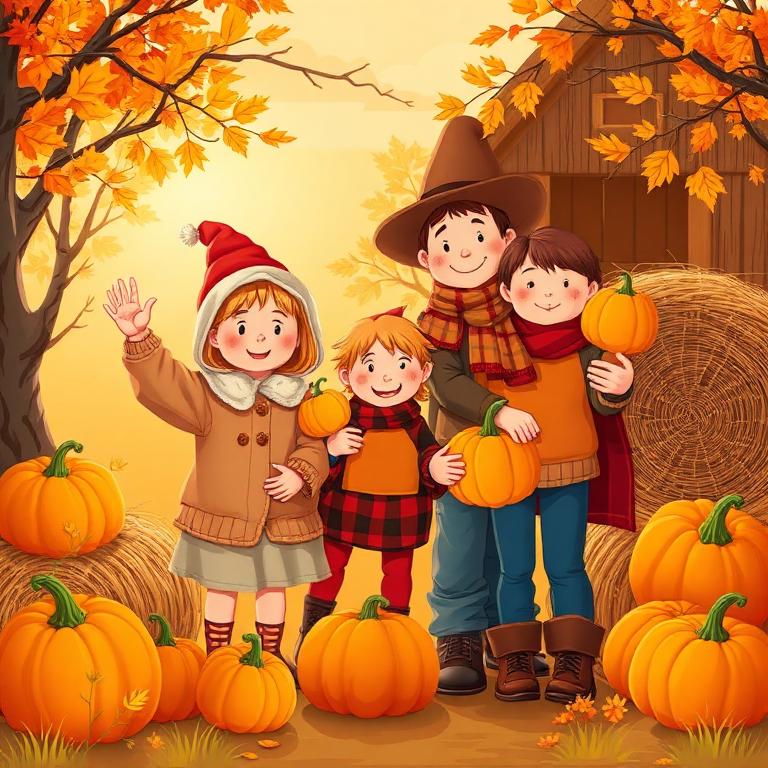 Illustrated family in autumn harvest festival costumes