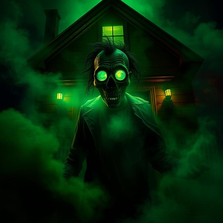 Haunted house guest as a vintage horror movie poster character