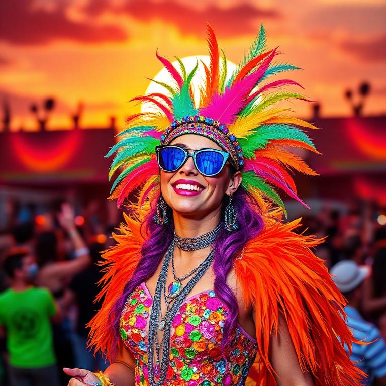 Festival goer in a colorful feathered costume