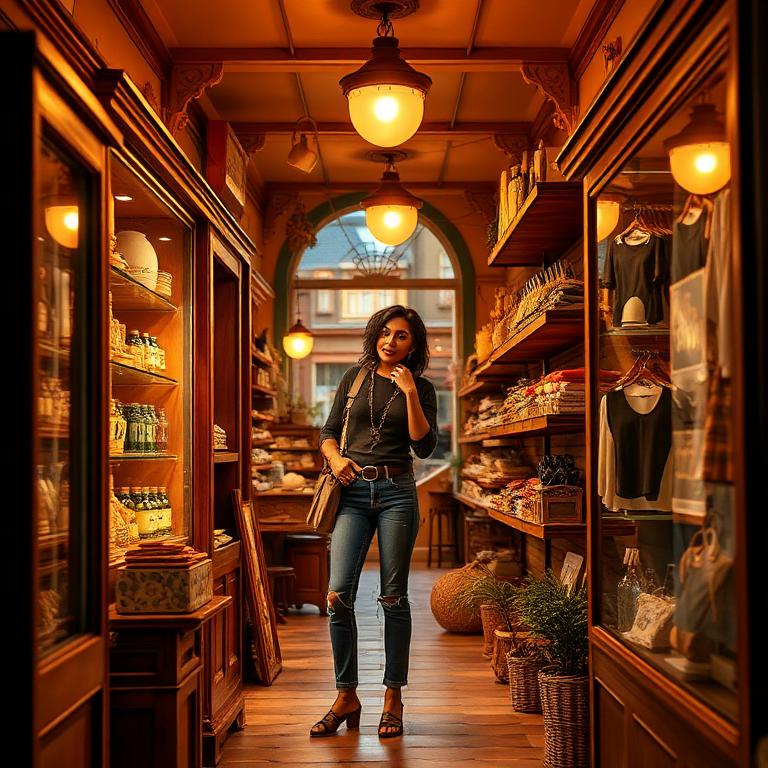 Customer posing inside a warm main street shop