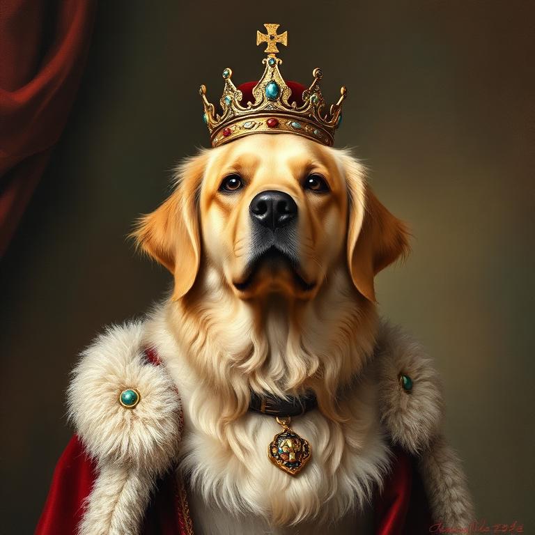 Golden retriever in a royal painted portrait with crown