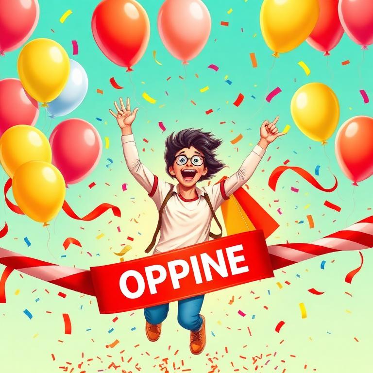 Shopper bursting through a grand opening ribbon with confetti