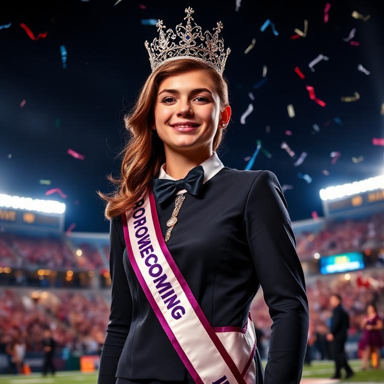 Homecoming court student with crown and sash under stadium lights