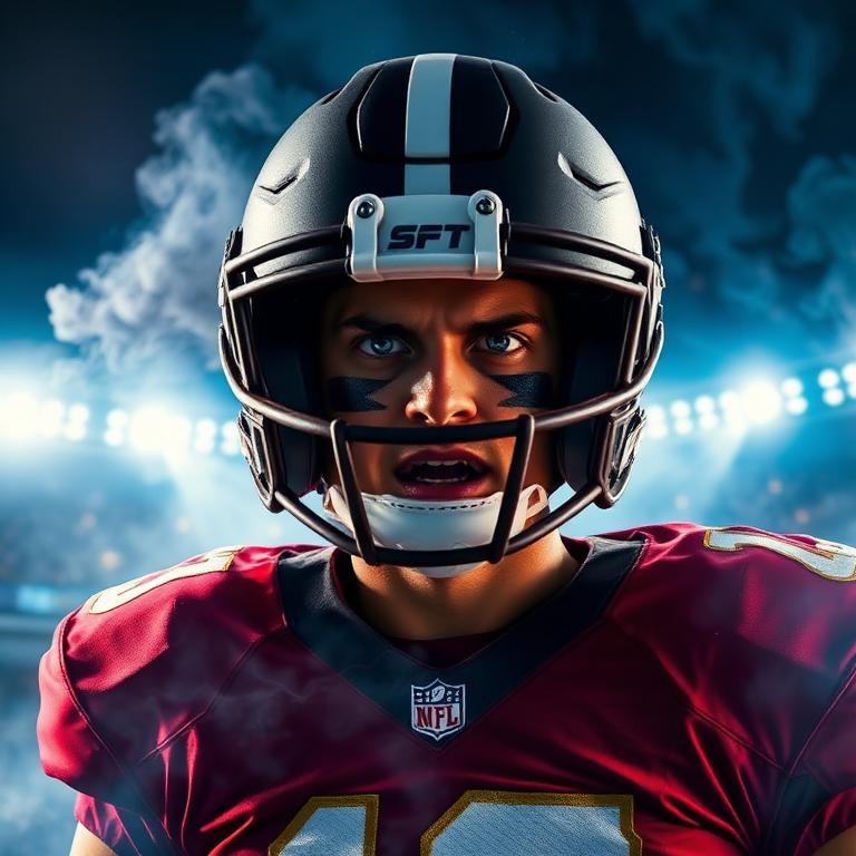 Football player game-day hype poster in stadium smoke