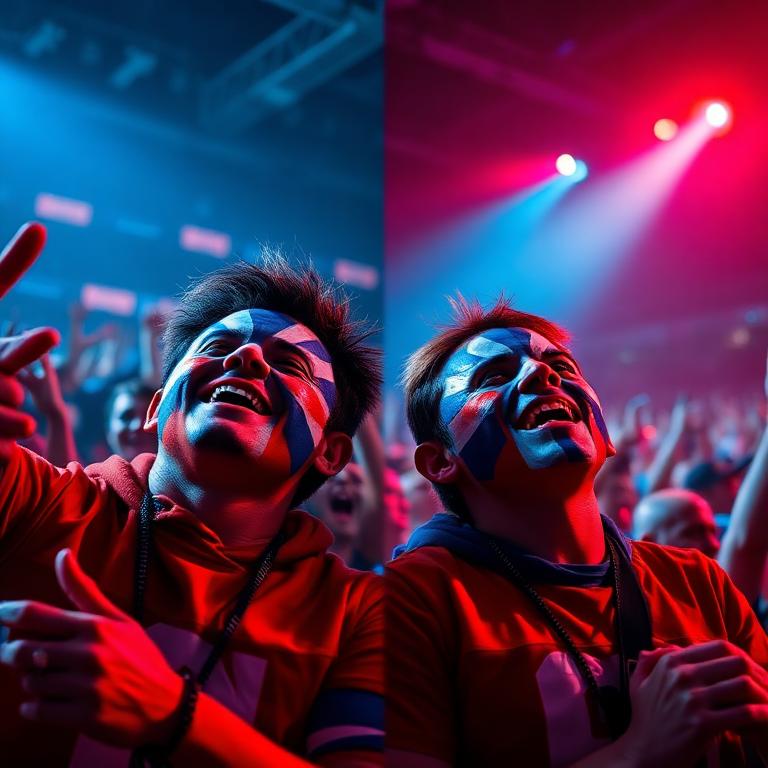 Rival fans in face paint cheering in an arena